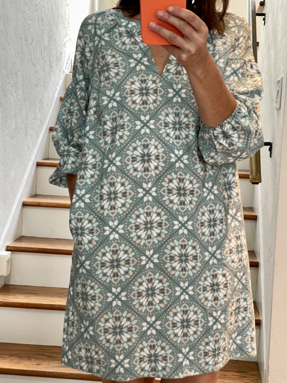 Loft mediterranean floral pattern turquoise 3/4 sleeve tunic mini dress women XS
